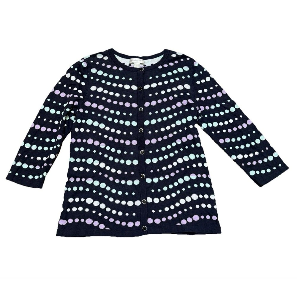 Christopher & Banks M Polka Dot Cardigan Sweater 100% Cotton Blue Lavender Aqua